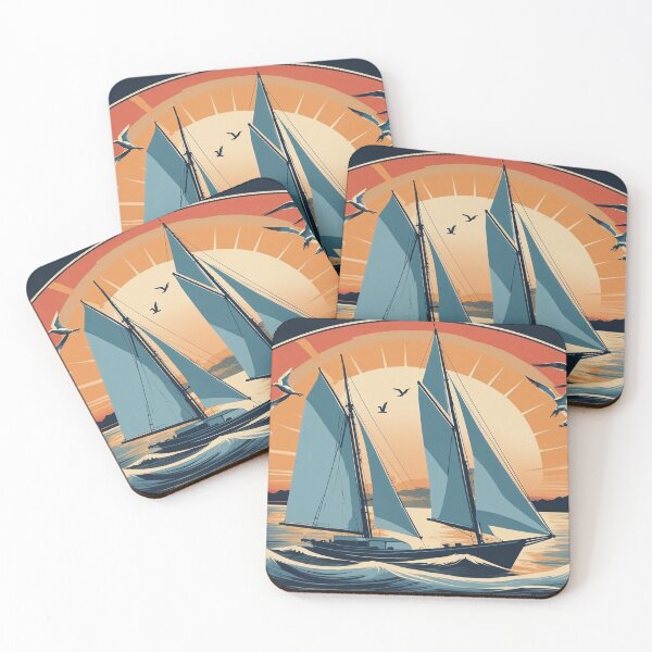 Item preview, Vintage sailboat cruising on open ocean with seagulls and sunset, retro nautical color palette designed and sold by Retram.