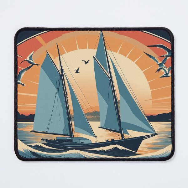 Item preview, Vintage sailboat cruising on open ocean with seagulls and sunset, retro nautical color palette designed and sold by Retram.