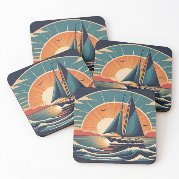 Item preview, Vintage sailboat cruising on open ocean with seagulls and sunset, retro nautical color palette designed and sold by Retram.