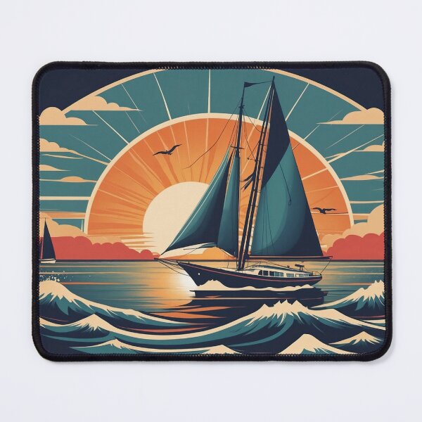 Item preview, Vintage sailboat cruising on open ocean with seagulls and sunset, retro nautical color palette designed and sold by Retram.