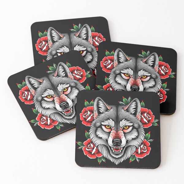Item preview, Wolf with Red Roses – Neotraditional Tattoo Illustration designed and sold by  Ojo de Lilith.