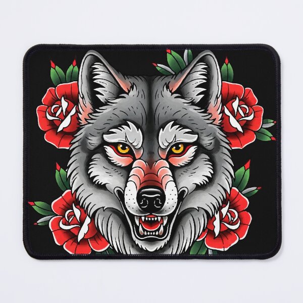 Item preview, Wolf with Red Roses – Neotraditional Tattoo Illustration designed and sold by  Ojo de Lilith.