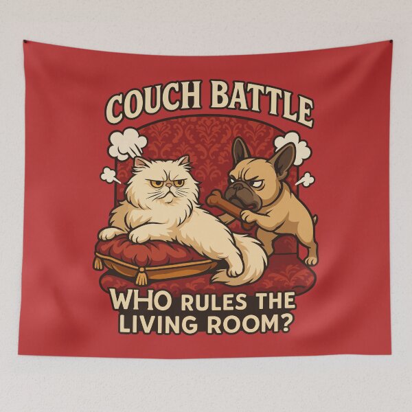 Item preview, Couch Battle: Persian Cat vs Frenchie Showdown designed and sold by WildlifeInc.