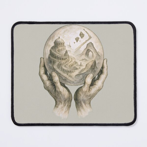 Item preview, Handheld Dreamworld Sphere – Surreal Stairway Temple Globe Illustration designed and sold by Shoot-The-Moon.