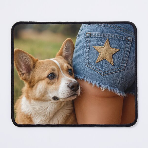 Item preview, Corgi Dog With Young Woman Wearing Denim Shorts designed and sold by Maria Dryfhout.