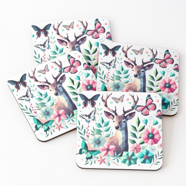 Item preview, Geometric Deer with Butterflies and Floral Nature Low Poly Wildlife Art designed and sold by PrismWild.