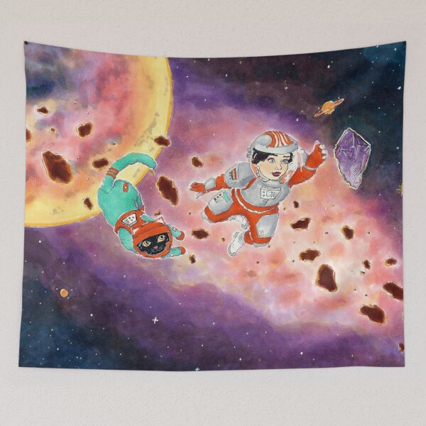 Item preview, Astronaut Exploring Space Crystals with Space Cat - Traditional Illustrated Drawing designed and sold by SChristineBrink.