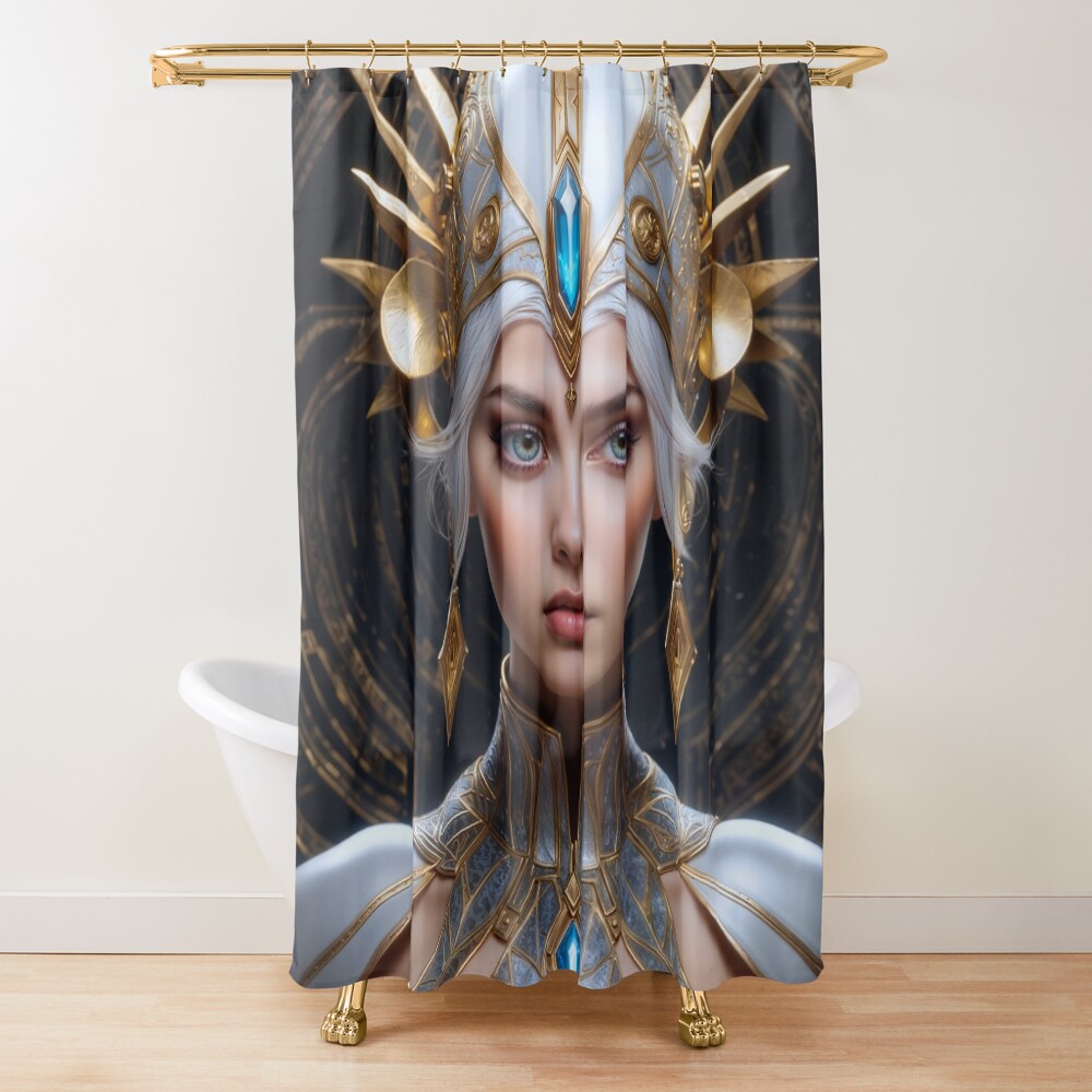 The Golden Pearl Headdress Of Rianne Velalois Mesmerizing AI Concept Art by Xzendor7 Decorative Art Print Shower Curtain