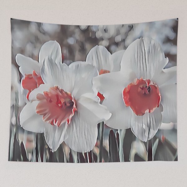 Item preview, 7 Harmonious Garden Daffodils in White and Red | Elegant Spring Bloom Art designed and sold by POETTICA.