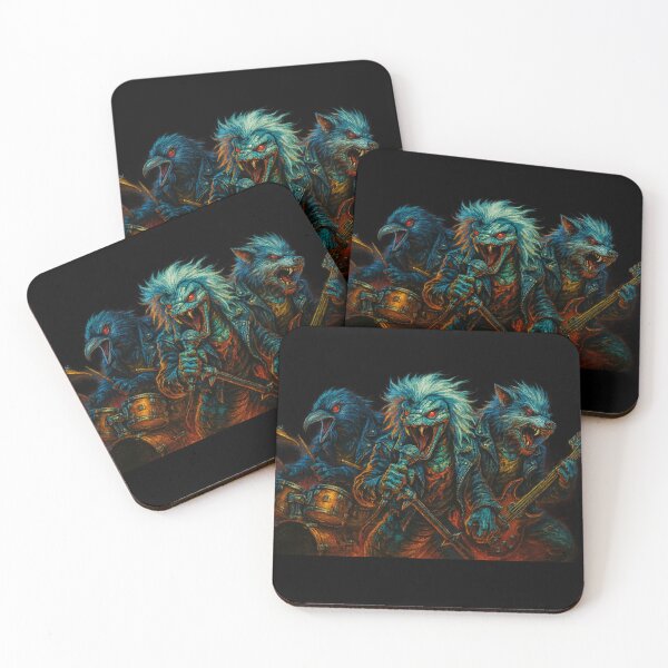 Item preview, Heavy-Metal Band with Raven, Snake and Wolve playing Drums, Distorted Microphone and Guitar designed and sold by RebelBeastCreations.