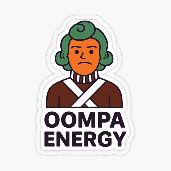 Vista previa del artículo con la obra «Pegatina viral de Kirsty P: Energía Oompa», diseñado y vendido por Final Whistle Art.