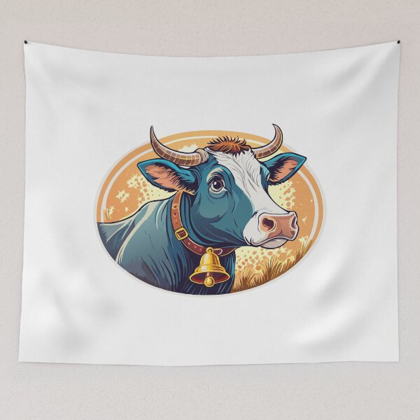 Item preview, Cow head portrait, Farm, cow with horns a golden belln watching you curiously - cartoon illustration, Farming cattle animal, sketch for milk diary and beef products designed and sold by Danler.