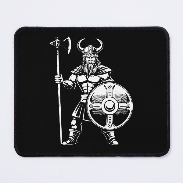 Item preview, Black and white portrait of a frowning angry Celtic warrior in a horned helmet, with shield and axe, Viking or Gallic warrior, designed and sold by Danler.