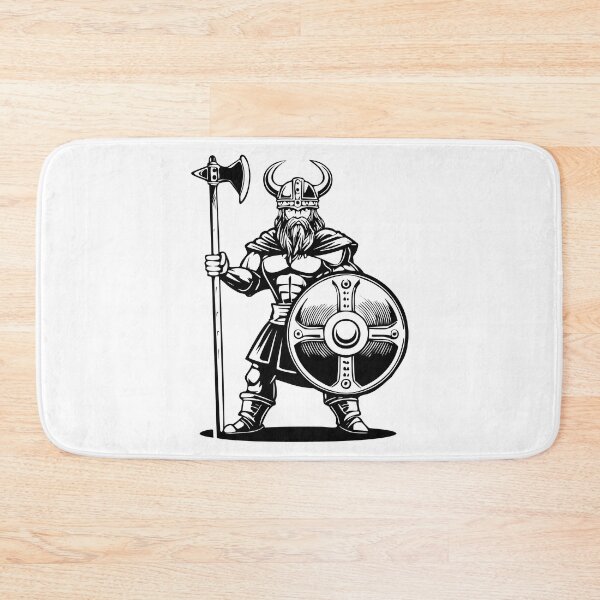 Item preview, Black and white portrait of a frowning angry Celtic warrior in a horned helmet,  with shield and axe, Viking or Gallic warrior, designed and sold by Danler.