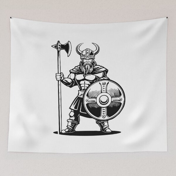 Item preview, Black and white portrait of a frowning angry Celtic warrior in a horned helmet,  with shield and axe, Viking or Gallic warrior, designed and sold by Danler.