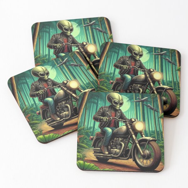 Item preview, an alien riding a motorcycle in the forest designed and sold by Dogandesighn.