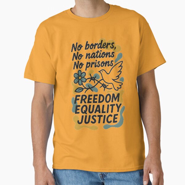 Vista previa del artículo con la obra «Sin fronteras, sin jaulas, solo justicia», diseñado y vendido por Uglyandcute.