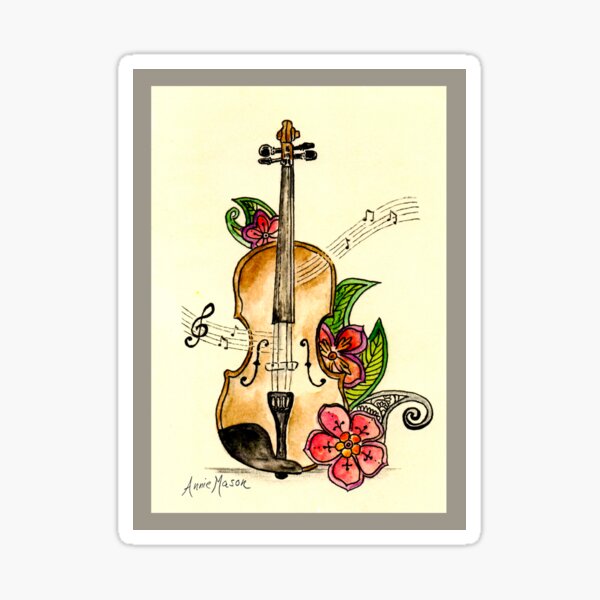 Violin and Flowers - watercolor and pen Sticker