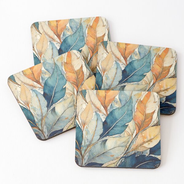 Item preview, Dusty blue and burnt orange leaves, Neutral VINTAGE leaves, boho beige watercolour botanical, neutral orange and green alcohol ink effect, green leafy autumn painting designed and sold by navitalidesign.