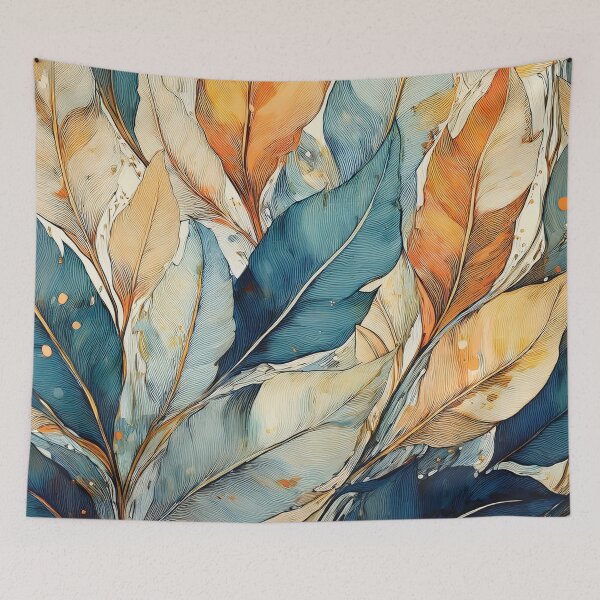 Item preview, Dusty blue and burnt orange leaves, Neutral VINTAGE leaves, boho beige watercolour botanical, neutral orange and green alcohol ink effect, green leafy autumn painting designed and sold by navitalidesign.