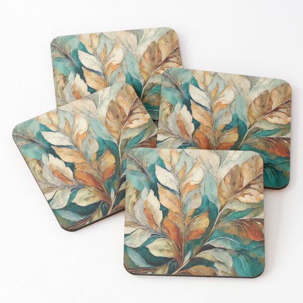 Item preview, Dusty blue and burnt orange leaves 3, Neutral VINTAGE leaves, boho beige watercolour botanical, neutral orange and green alcohol ink effect, green leafy autumn painting designed and sold by navitalidesign.