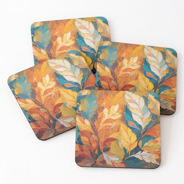 Item preview, Multicolour rainbow colours and gold VINTAGE leaf botanicals oil painting, burnt orange and teal blue, leaf pattern autumn painting  designed and sold by navitalidesign.