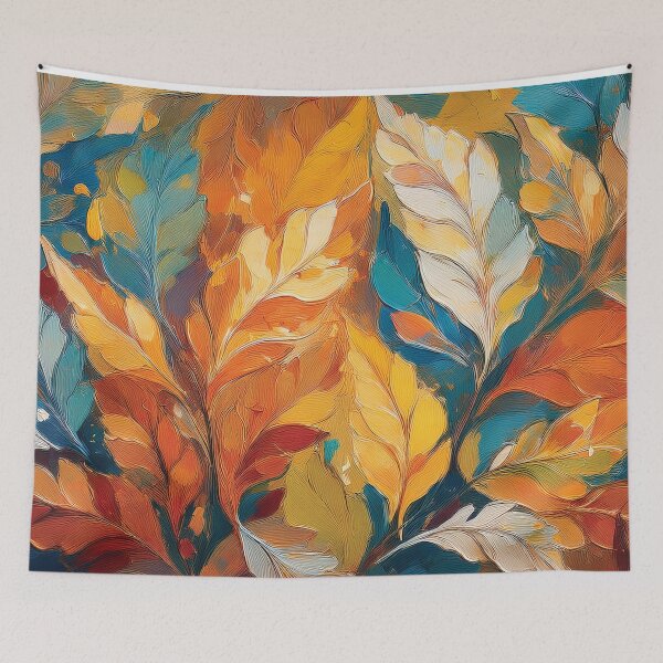 Item preview, Multicolour rainbow colours and gold VINTAGE leaf botanicals oil painting, burnt orange and teal blue, leaf pattern autumn painting  designed and sold by navitalidesign.