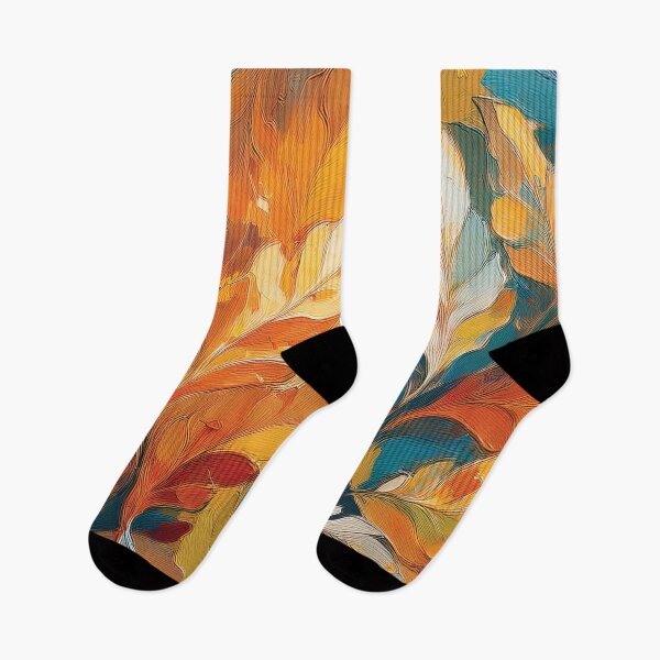 Item preview, Multicolour rainbow colours and gold VINTAGE leaf botanicals oil painting, burnt orange and teal blue, leaf pattern autumn painting  designed and sold by navitalidesign.