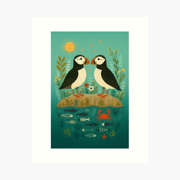 Item preview, Puffins by the Tidepool – Coastal Folk Art Print designed and sold by Andrea Lauren.