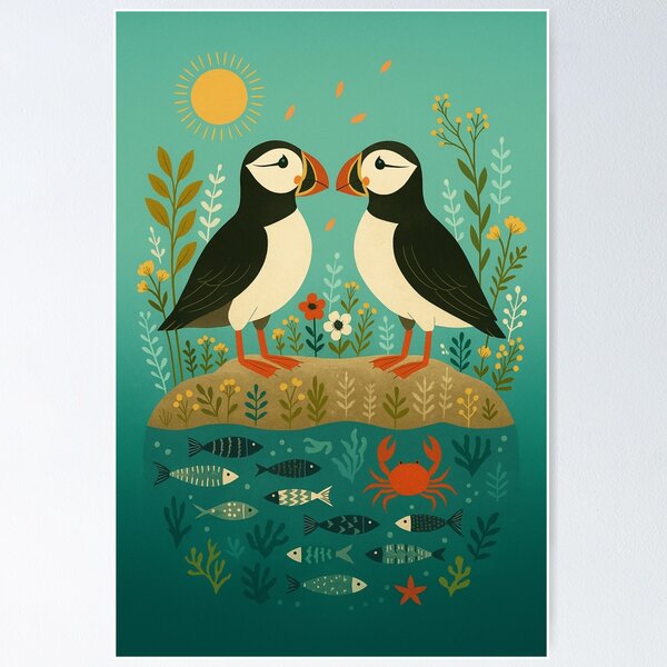 Puffins by the Tidepool – Coastal Folk Art Print Poster