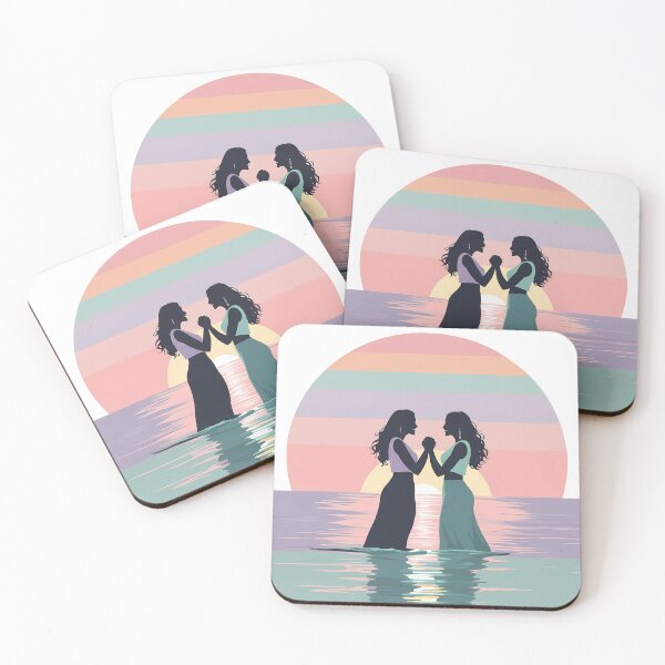 Item preview, Pastel Sunset Pride Art – Lesbian Couple Holding Hands | Minimalist LGBTQ+ Ocean Design designed and sold by LoliDesignShop.