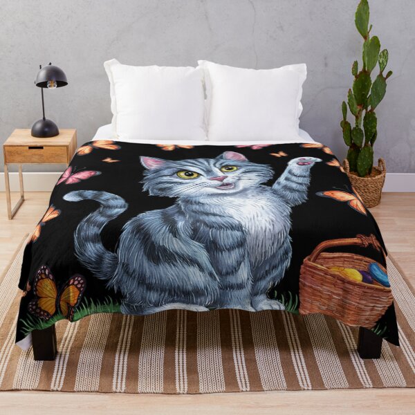 Item preview, Playful Gray and White Cat Surrounded by Colorful Butterflies designed and sold by AnimalAirtistry.
