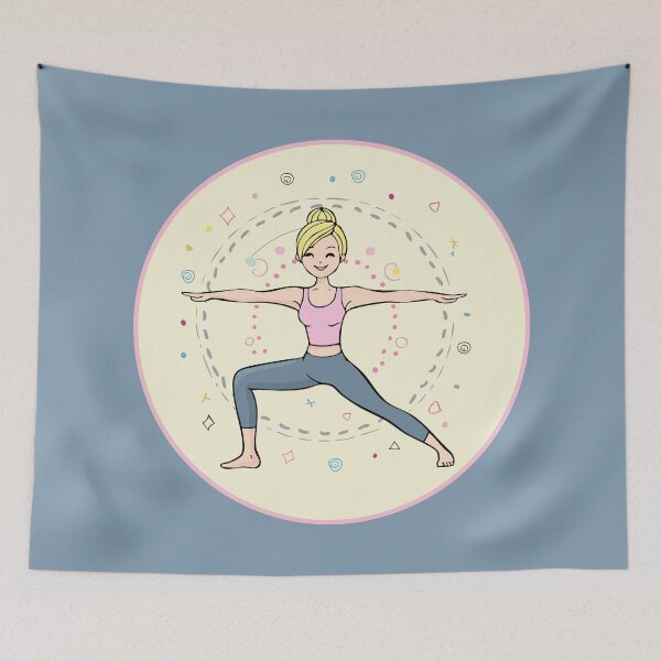 Item preview, Yoga Warrior Pose Illustration, blonde woman, light yellow pink designed and sold by angel-cat-22.