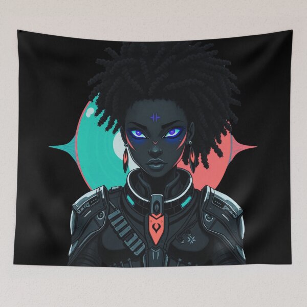 Item preview, Afrofuturist Warrior – Neon Cyber Guardian designed and sold by Rothnaric.