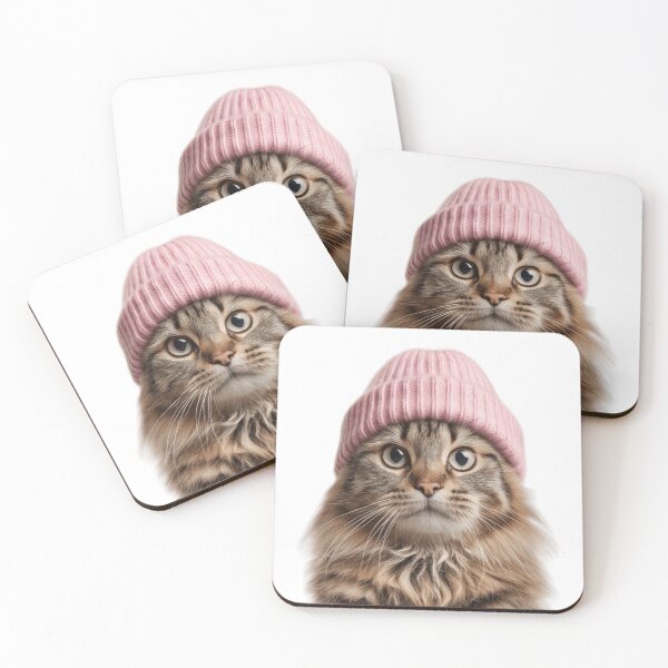 Item preview, Cozy American Bobtail Cat Wearing Pink Winter Hat Trendy Animal Fashion Artwork designed and sold by LazyOwlStore.