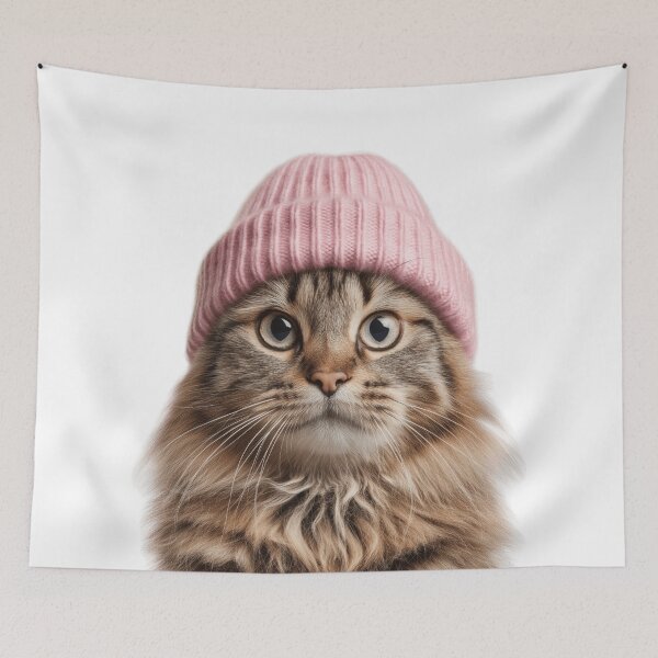 Item preview, Cozy American Bobtail Cat Wearing Pink Winter Hat Trendy Animal Fashion Artwork designed and sold by LazyOwlStore.