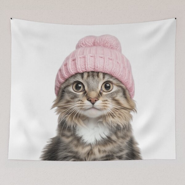 Item preview, Cozy American Curl Cat Wearing Pink Winter Hat Trendy Animal Fashion Artwork designed and sold by LazyOwlStore.