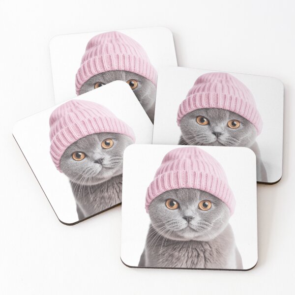 Item preview, Cozy British Shorthair Cat Wearing Pink Winter Hat Trendy Animal Fashion Artwork designed and sold by LazyOwlStore.