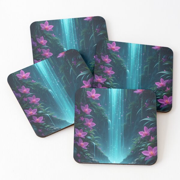 Item preview, A fantastical digital painting of a jungle waterfall surrounded by glowing oversized orchids designed and sold by MRFEZOO2030.