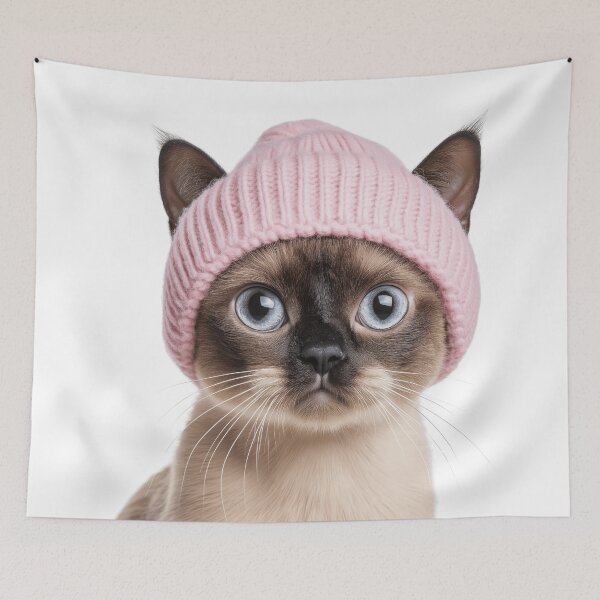 Item preview, Cozy Burmese Cat Wearing Pink Winter Hat Trendy Animal Fashion Artwork designed and sold by LazyOwlStore.