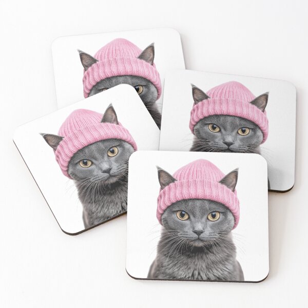 Item preview, Cozy Chartreux Cat Wearing Pink Winter Hat Trendy Animal Fashion Artwork designed and sold by LazyOwlStore.