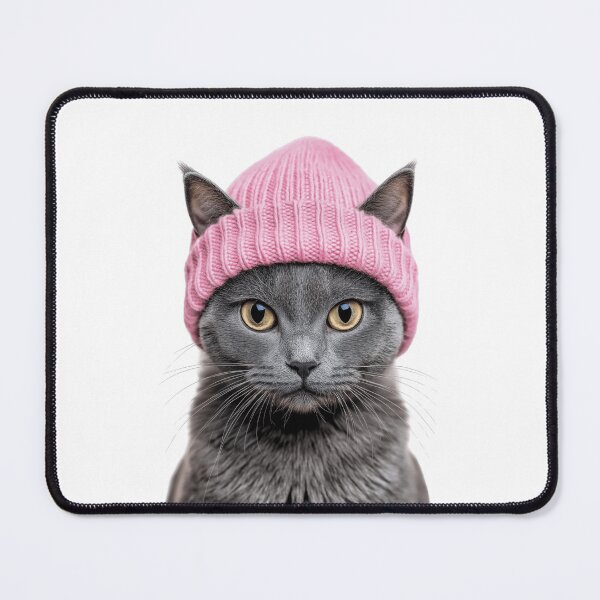 Item preview, Cozy Chartreux Cat Wearing Pink Winter Hat Trendy Animal Fashion Artwork designed and sold by LazyOwlStore.