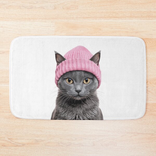 Item preview, Cozy Chartreux Cat Wearing Pink Winter Hat Trendy Animal Fashion Artwork designed and sold by LazyOwlStore.