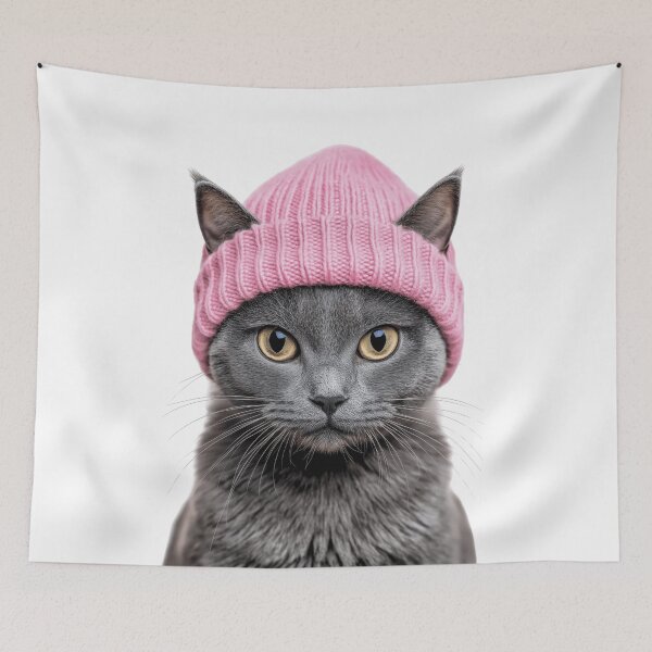 Item preview, Cozy Chartreux Cat Wearing Pink Winter Hat Trendy Animal Fashion Artwork designed and sold by LazyOwlStore.