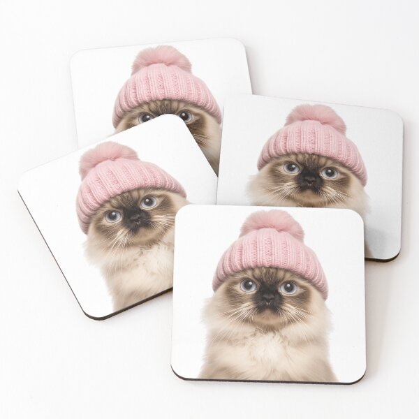 Item preview, Cozy Himalayan Cat Wearing Pink Winter Hat Trendy Animal Fashion Artwork designed and sold by LazyOwlStore.