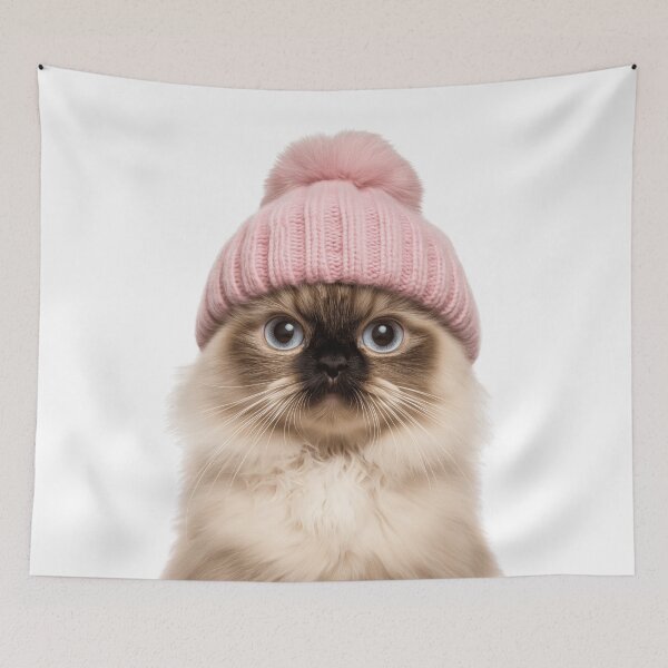 Item preview, Cozy Himalayan Cat Wearing Pink Winter Hat Trendy Animal Fashion Artwork designed and sold by LazyOwlStore.
