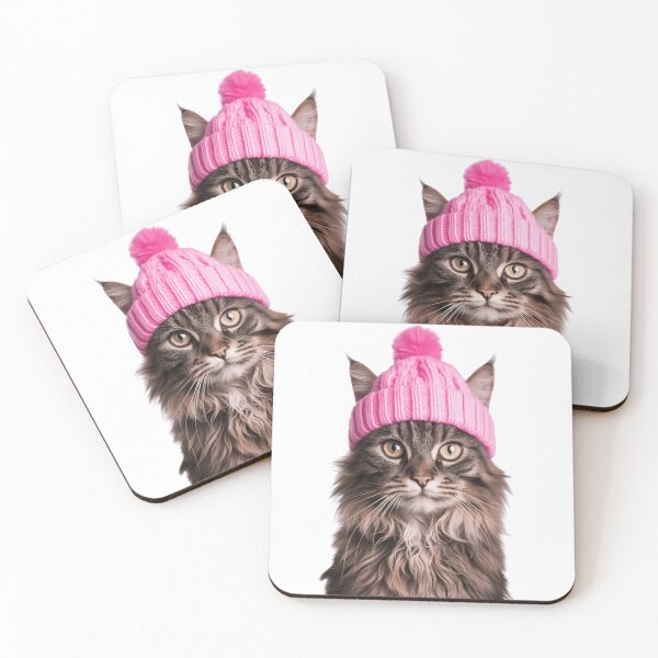 Item preview, Cozy Maine Coon Cat Wearing Pink Winter Hat Trendy Animal Fashion Artwork designed and sold by LazyOwlStore.