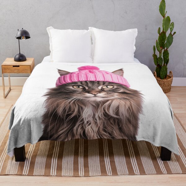 Item preview, Cozy Maine Coon Cat Wearing Pink Winter Hat Trendy Animal Fashion Artwork designed and sold by LazyOwlStore.