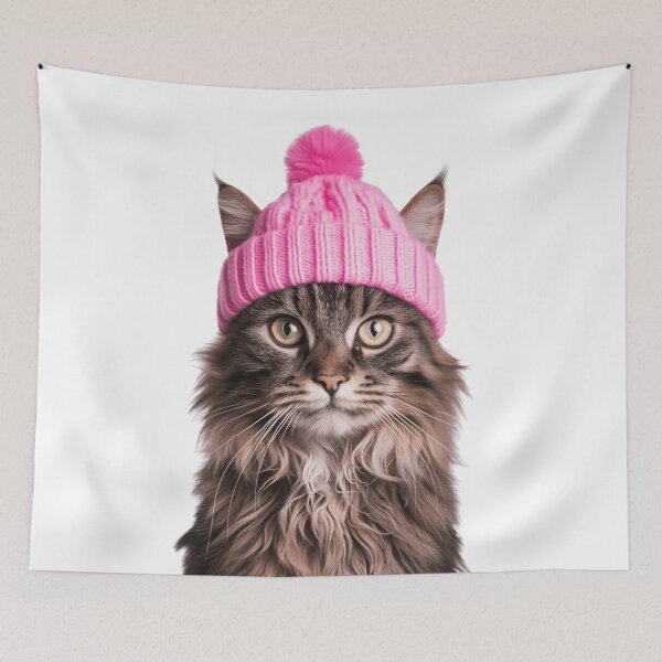 Item preview, Cozy Maine Coon Cat Wearing Pink Winter Hat Trendy Animal Fashion Artwork designed and sold by LazyOwlStore.