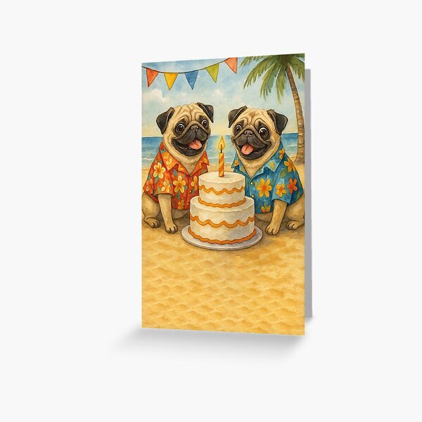 Aperçu de l'œuvre Fête d'anniversaire sur la plage, carlins amusants créée et vendue par Mauswohn.